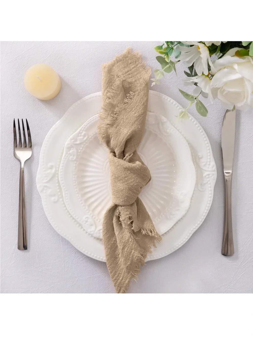 Set of 21 Linen Napkins Caramel Easter Spring Cloth Napkins Washable Fringe